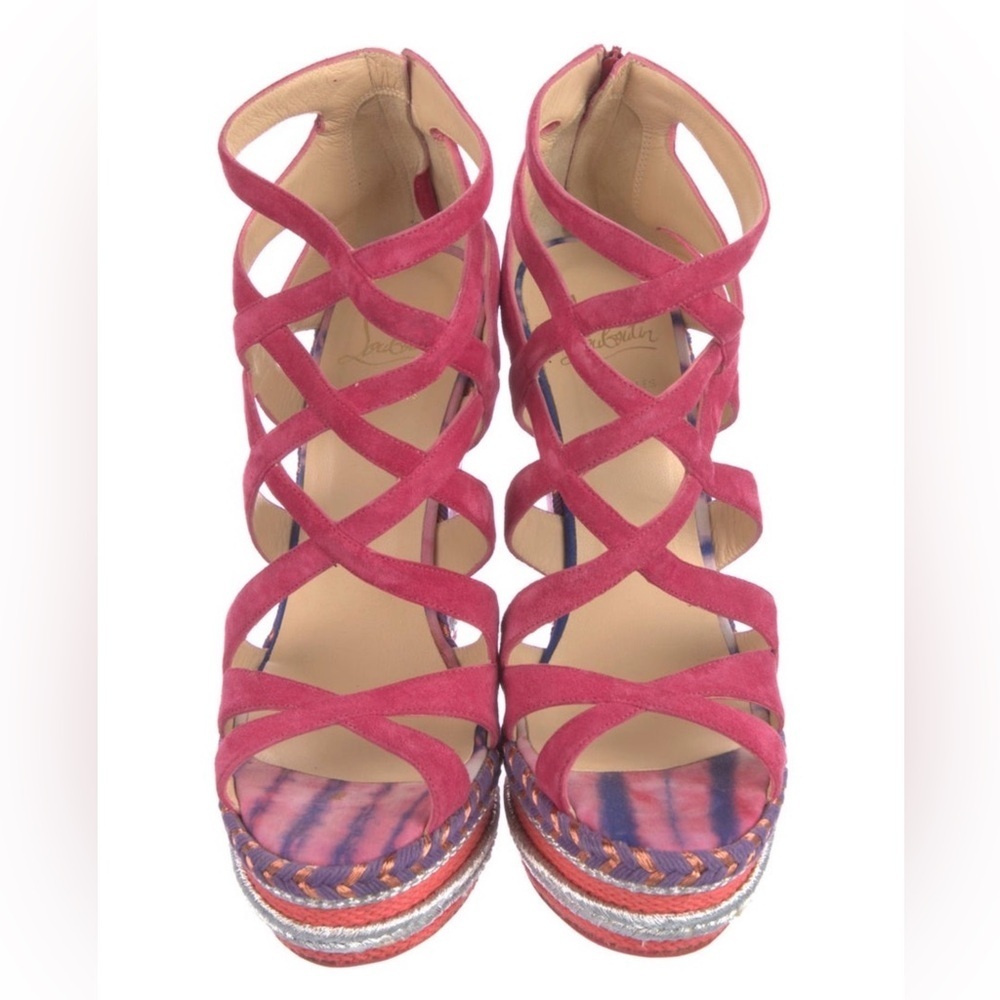 Christian Louboutin Tosca Espadrille Pink Suede Leather Strap Wedge Sandals 39 - Picture 4 of 6